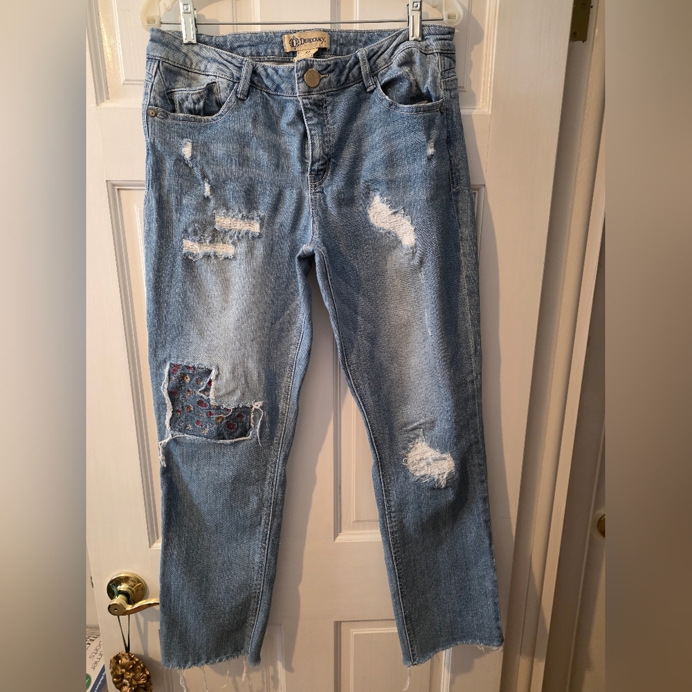 Ladies Democracy Girlfriend Light Blue Distressed Straight Leg Jeans, Sz 12